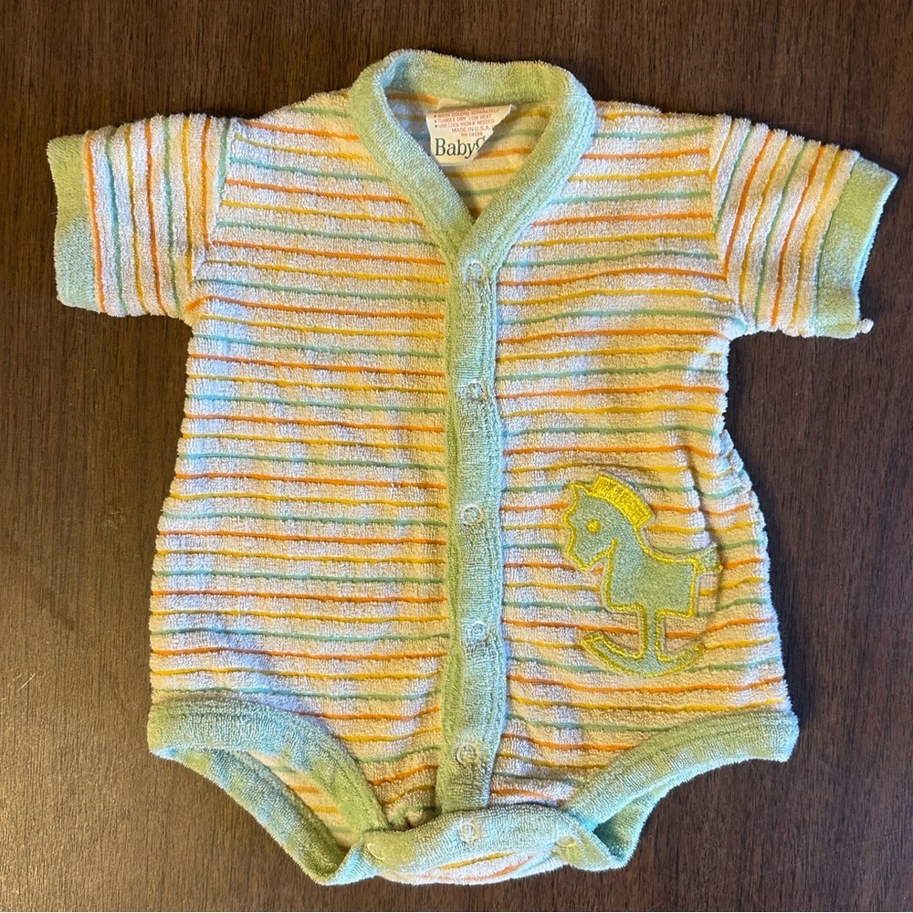 Vintage Babygro Gerber 3M One Piece Terry Cloth Boys 70s Striped Rocking Horse